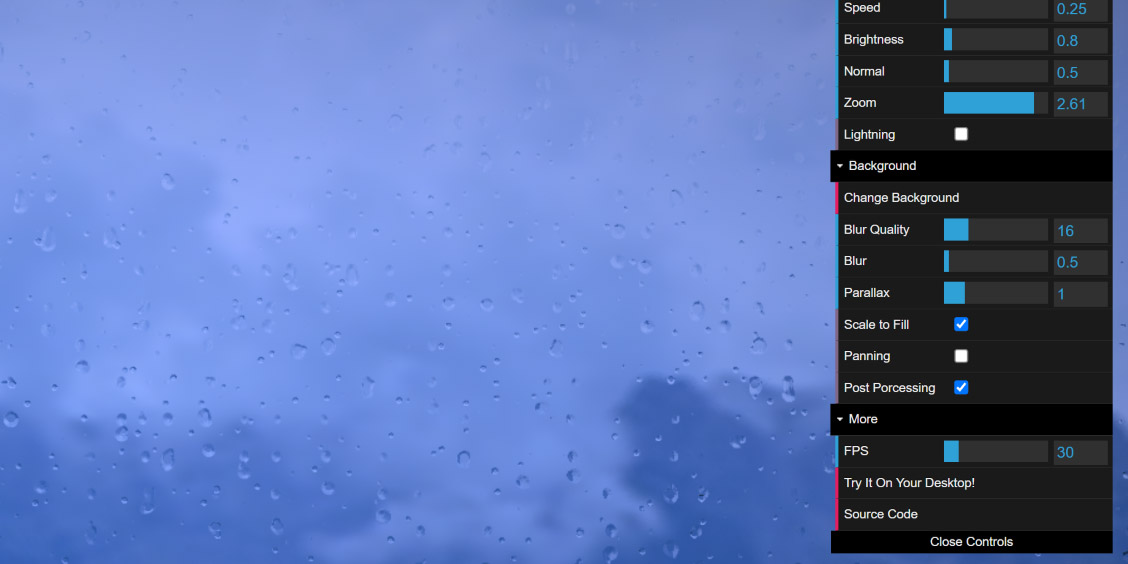 Rainy Window browser simulation with rain-speckled glass and adjustable controls